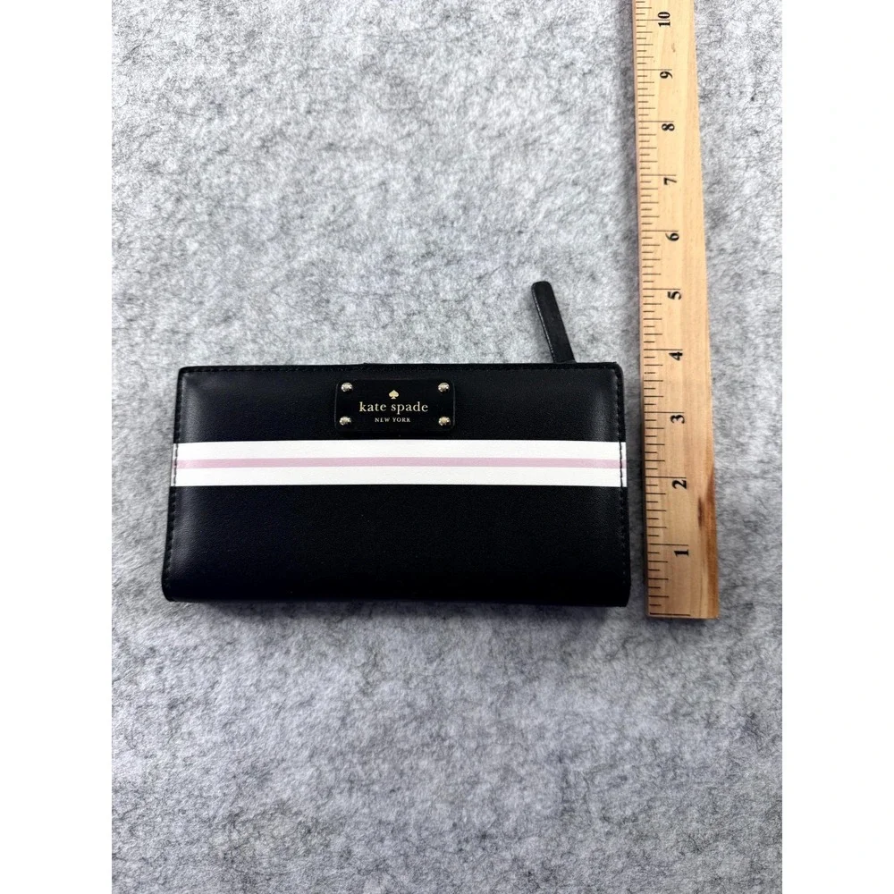 Kate Spade Stacy Wallet Black Pink White Stripe Leather Card Holder‎ Clutch Slim